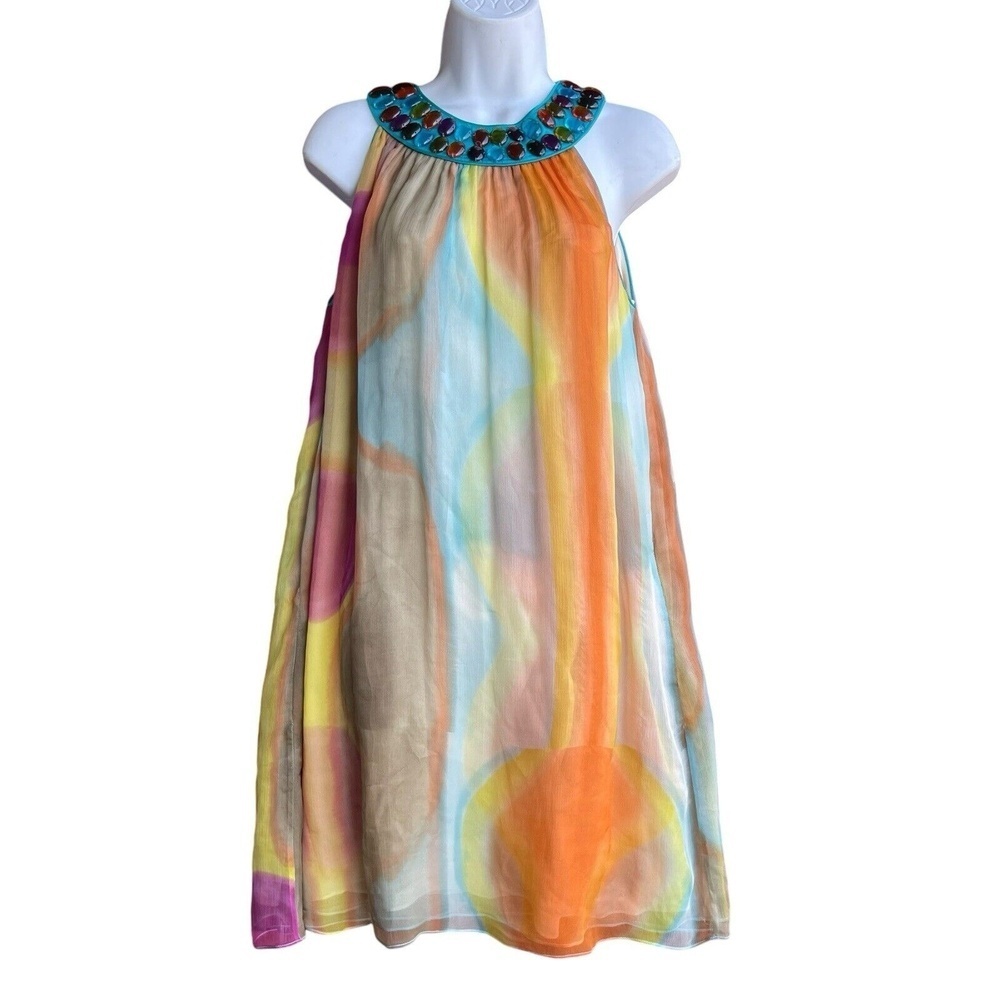 CATHERINE MALANDRINO Silk Dress Size 6 Multicolor Jewel Neckline Vacation Resort